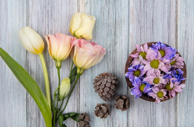 Vue de dessus de belles fleurs de marguerite colorées sur un bol en bois avec des pommes de pin et tulipe blanche sur un fond en bois gris