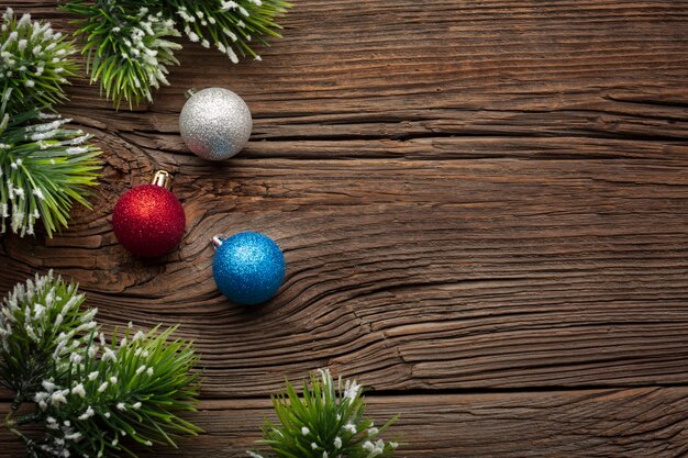 Vue de dessus, boules noël, à, espace copie