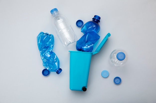 Photo gratuite vue de dessus des bouteilles en plastique et de la disposition des bacs