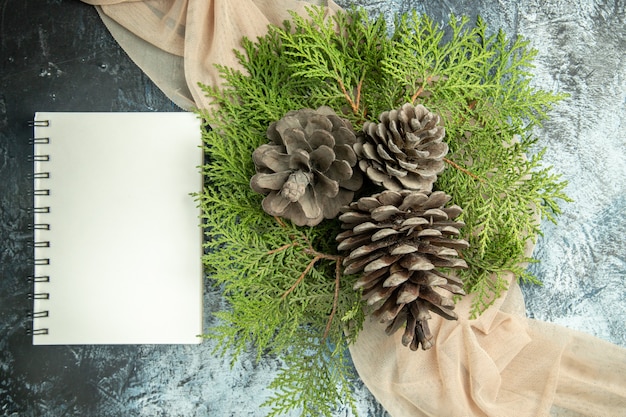 Vue de dessus des branches de pin pinecones sur cahier châle beige sur surface sombre