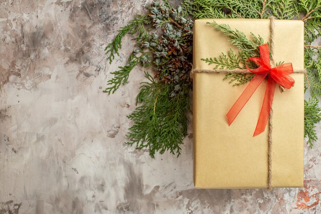 Vue de dessus cadeau de noël avec branche verte sur blanc cadeau de vacances couleur nouvel an noël