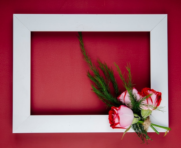 Vue de dessus d'un cadre photo vide avec petit bouquet de roses de couleur rouge au fenouil sur fond rouge avec copie espace