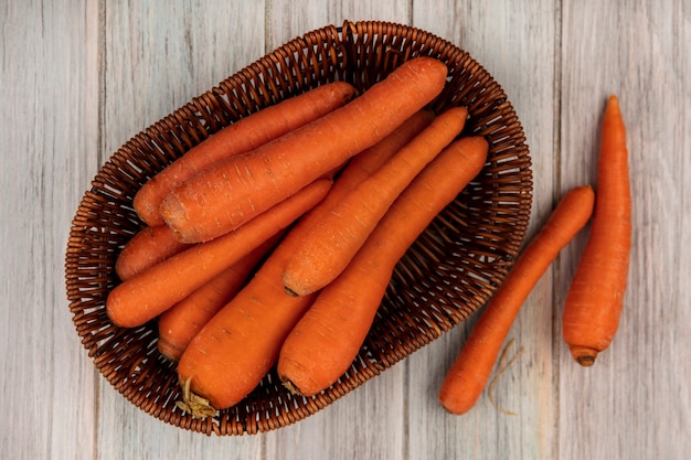 Vue de dessus des carottes orange fraîches sur un seau avec des carottes isolé sur un mur en bois gris