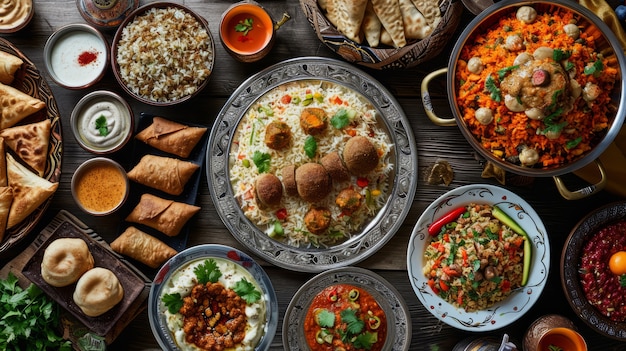 Vue de dessus de la célébration de l'Aïd al-Fitr avec une cuisine délicieuse