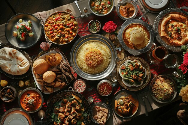 Vue de dessus de la célébration de l'Aïd al-Fitr avec une cuisine délicieuse