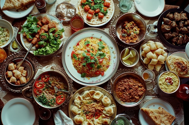 Photo gratuite vue de dessus de la célébration de l'aïd al-fitr avec une cuisine délicieuse