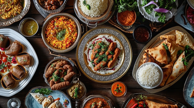 Vue de dessus de la célébration de l'Aïd al-Fitr avec une cuisine délicieuse