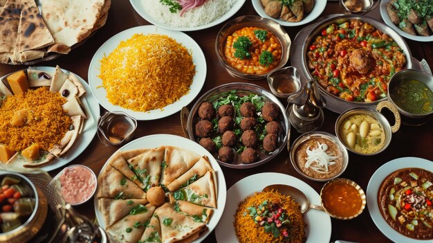 Vue de dessus de la célébration de l'Aïd al-Fitr avec une cuisine délicieuse