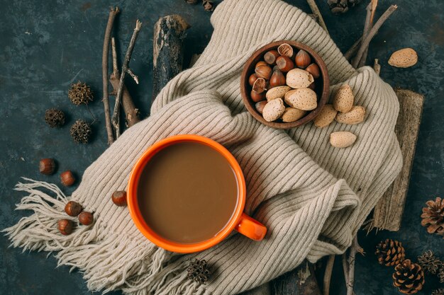 Vue de dessus chocolat chaud avec des glands