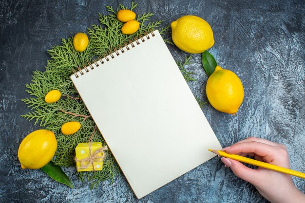Vue de dessus des citrons frais avec des feuilles et écrit à la main sur un cahier à spirale fermé sur des branches de sapin sur fond sombre
