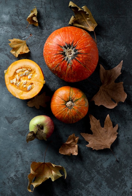 Vue de dessus des citrouilles et des feuilles d'automne