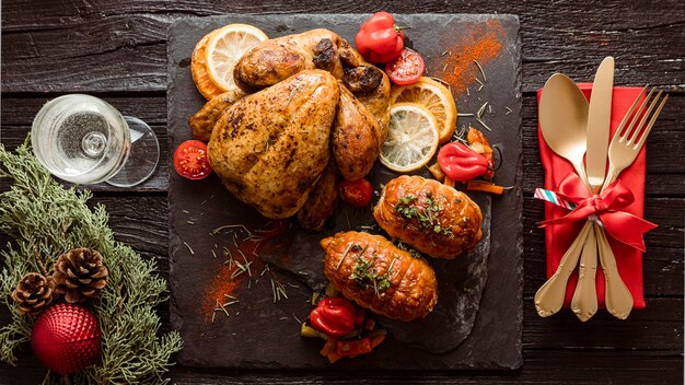 Vue de dessus composition de repas de Noël festif