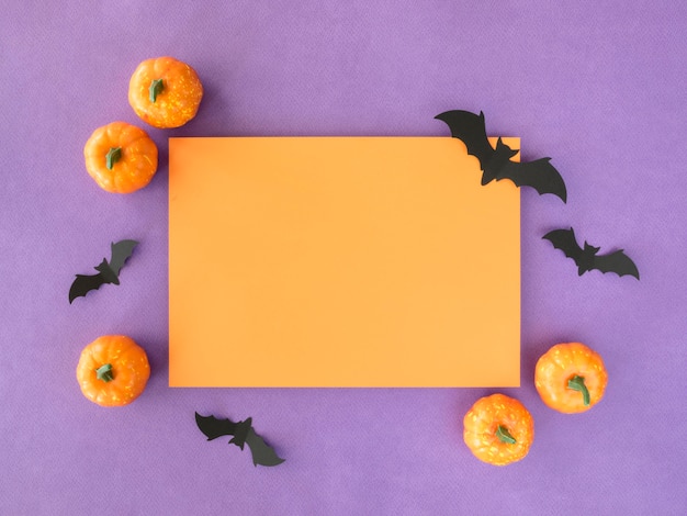 Vue de dessus concept halloween avec des citrouilles et des chauves-souris