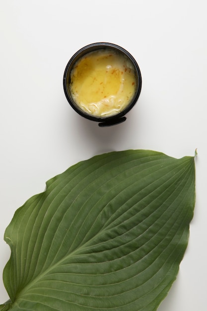 Photo gratuite vue de dessus de crème et de feuilles sur fond blanc