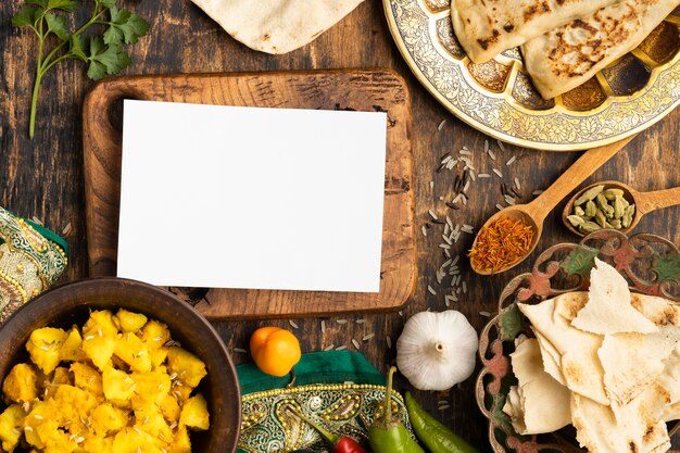 Vue de dessus de la cuisine indienne avec planche de bois