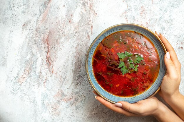 Vue de dessus délicieuse soupe de betterave ukrainienne célèbre de bortsch avec de la viande à l'intérieur de la plaque sur un espace blanc clair