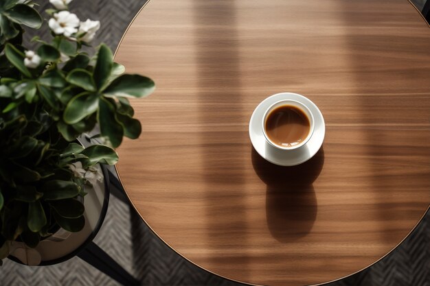 Vue de dessus délicieuse tasse à café avec des plantes