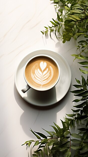 Vue de dessus délicieuse tasse à café avec des plantes