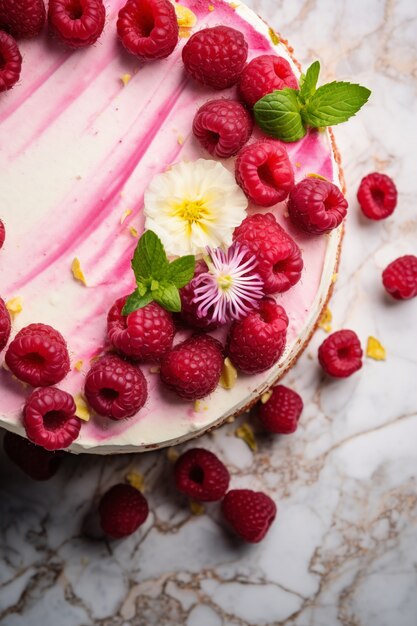 Vue de dessus délicieux gâteau aux framboises