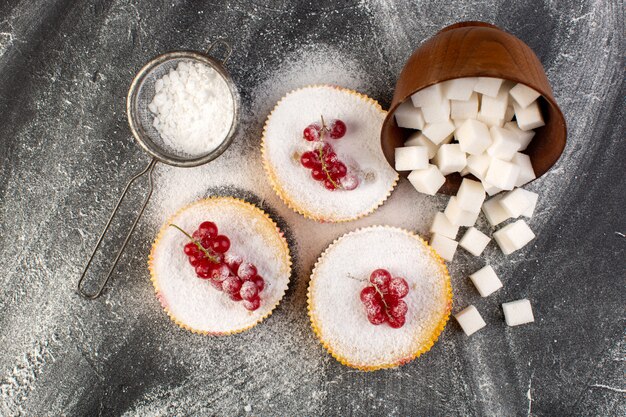 Vue de dessus de délicieux gâteaux aux canneberges avec des canneberges rouges sur le dessus des morceaux de sucre et du sucre en poudre gris bureau gâteau biscuit sucré