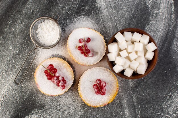 Vue de dessus de délicieux gâteaux aux canneberges cuits au four et délicieux avec des morceaux de sucre de canneberges rouges sur le dessus de gâteau de bureau gris biscuit sucre sucré