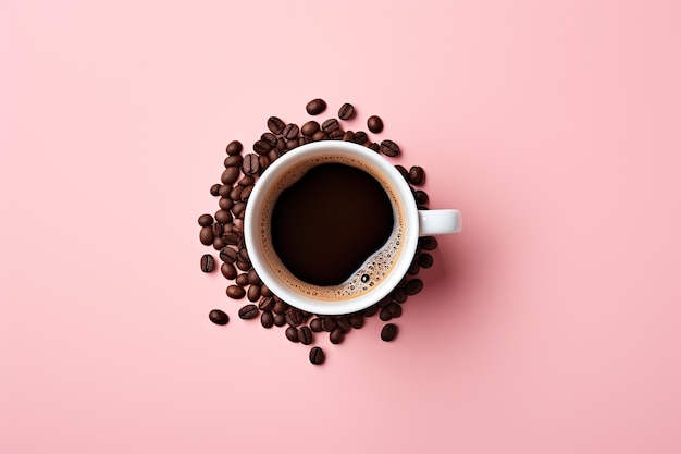 Vue de dessus délicieux grains de café et tasse