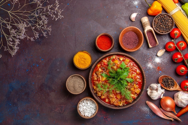 Photo gratuite vue de dessus de délicieux légumes cuits en tranches avec différents assaisonnements sur le fond sombre de la soupe de nourriture de repas de la sauce