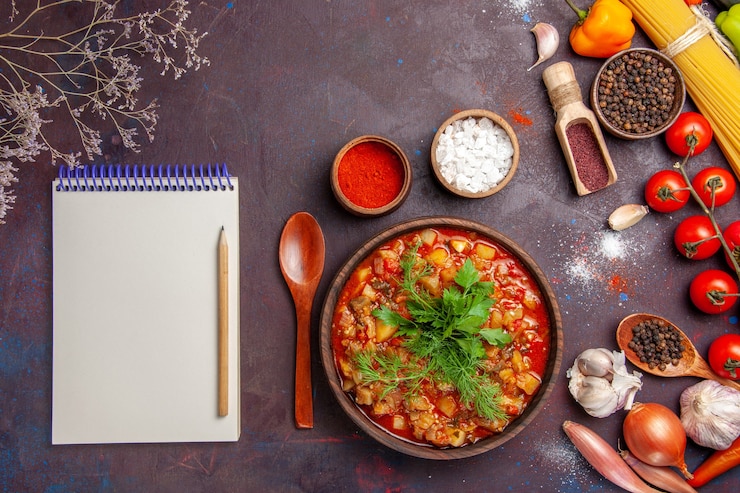 Photo gratuit vue de dessus de délicieux légumes cuits tranchés avec des légumes verts et des assaisonnements sur le fond sombre de la soupe de nourriture de repas de la sauce