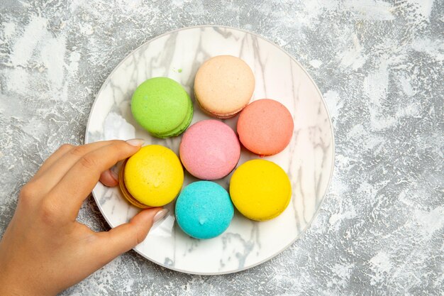 Vue de dessus de délicieux macarons français gâteaux colorés à l'intérieur de la plaque sur une surface blanche