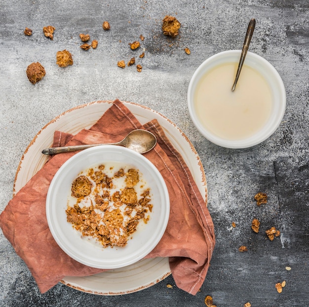 Vue de dessus délicieux petit déjeuner avec granola et lait