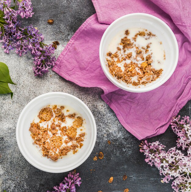 Vue de dessus délicieux petit déjeuner avec granola et lait