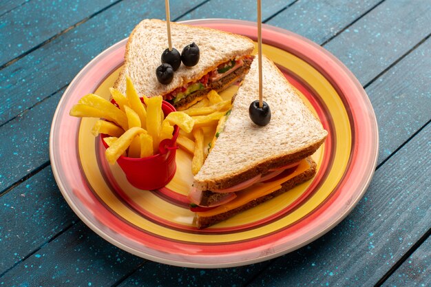 Vue de dessus de délicieux sandwichs à l'intérieur de la plaque colorée à l'intérieur du jambon au fromage avec des frites sur le fond en bois bleu repas sandwich