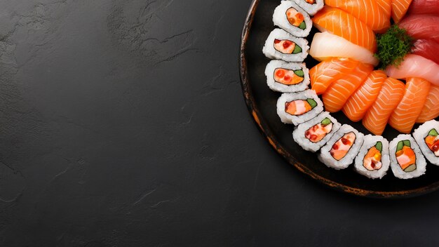 Vue de dessus de délicieux sushis avec espace de copie