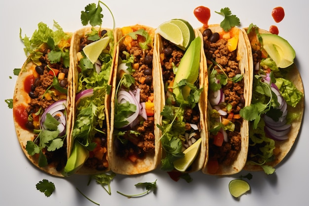 Photo gratuite vue de dessus sur de délicieux tacos en rangée