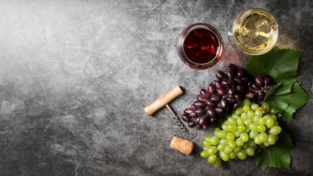 Photo gratuite vue de dessus de délicieux vins et raisins biologiques