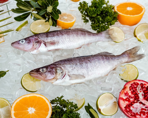 Photo gratuite vue de dessus de deux poissons crus placés sur de la glace entourés de tranches de fruits