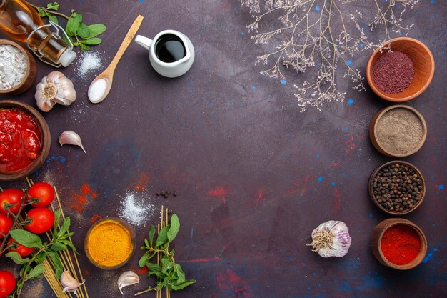 Vue de dessus différents assaisonnements avec des tomates sur un espace sombre