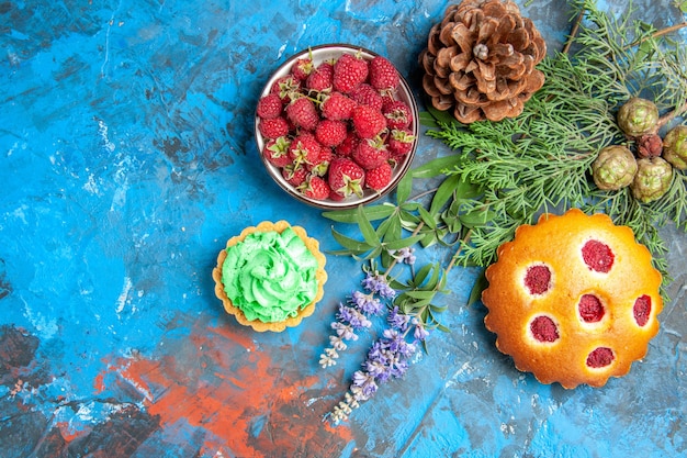 Vue de dessus du bol de framboises petit gâteau aux baies acidulées branches d'arbres pommes de pin sur surface bleue