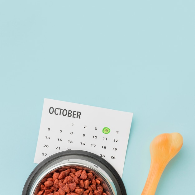 Photo gratuite vue de dessus du bol de nourriture avec calendrier et os pour la journée des animaux