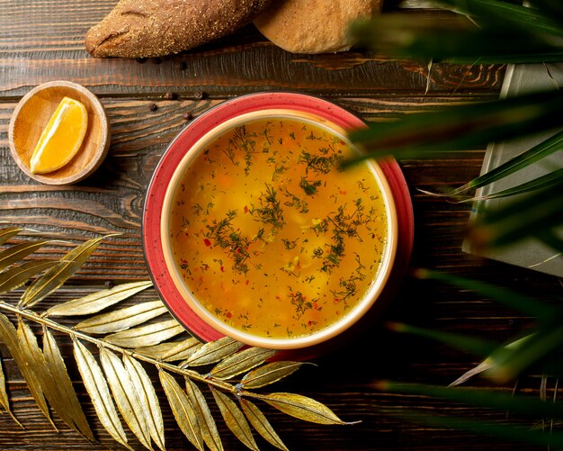 Vue de dessus du bol de soupe au poulet avec légumes et herbes