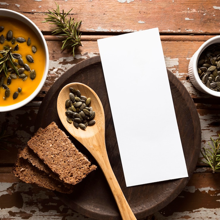 Photo gratuit vue de dessus du bol avec soupe de courge d'automne avec des graines et une cuillère en bois