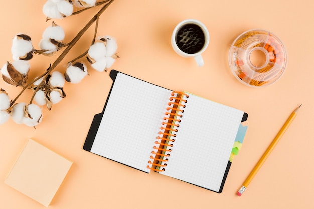 Vue de dessus du bureau avec carnet et coton