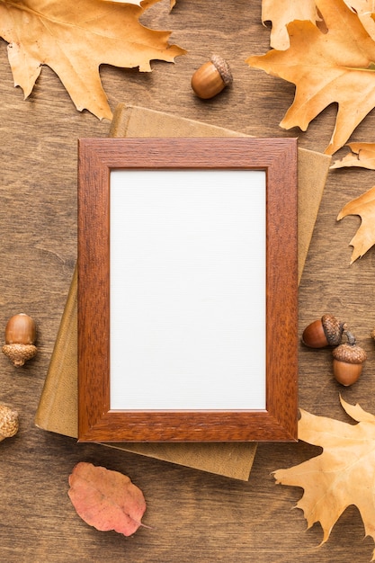 Vue de dessus du cadre avec des feuilles d'automne et des glands