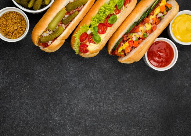Vue de dessus du cadre de hot-dogs avec copie-espace