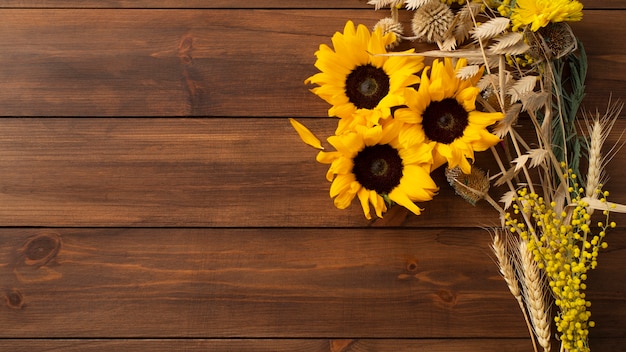 Photo gratuite vue de dessus du cadre de tournesols avec espace de copie