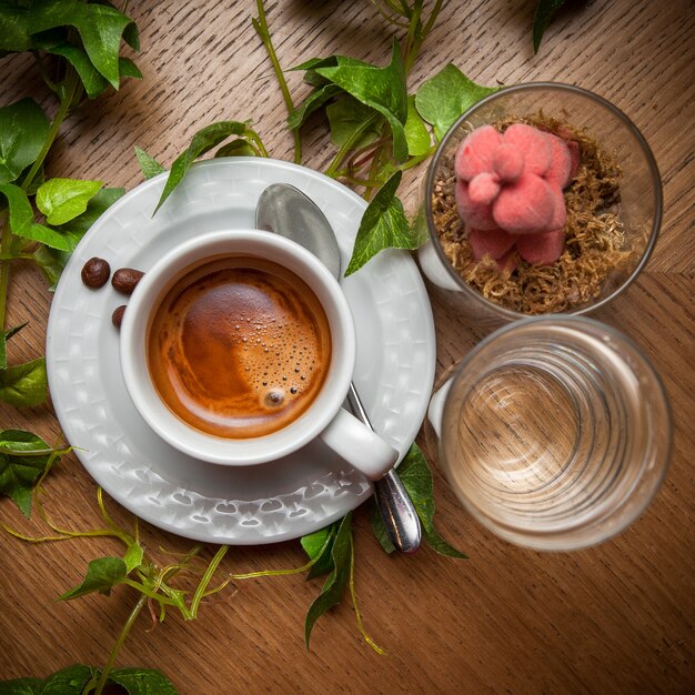 Vue de dessus du café expresso avec de l'eau et une branche de raisin et une cuillère dans une tasse