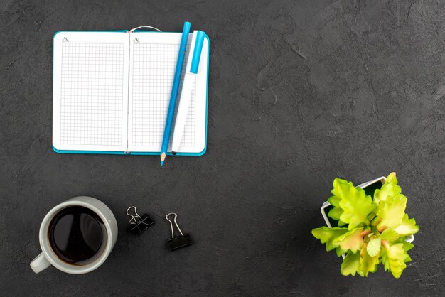 Vue de dessus du cahier bleu ouvert et stylo une tasse avec un pot de fleur de café sur fond noir