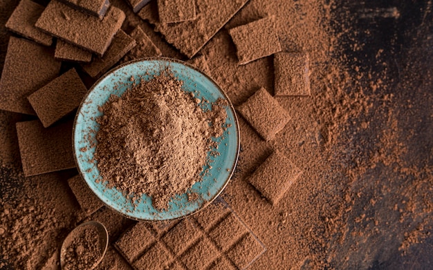 Vue de dessus du chocolat avec de la poudre de cacao