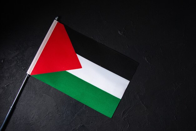 Vue de dessus du drapeau de la Palestine sur un mur sombre