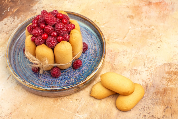 Vue de dessus du gâteau moelleux fraîchement sorti du four avec des fruits et des biscuits sur table de couleurs mixtes